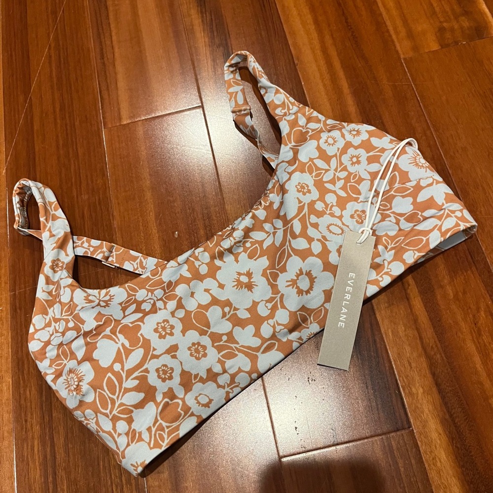 Everlane Nyle Bikini Top Pearl Floral Brown Blue Swim Square Neck New Size XS